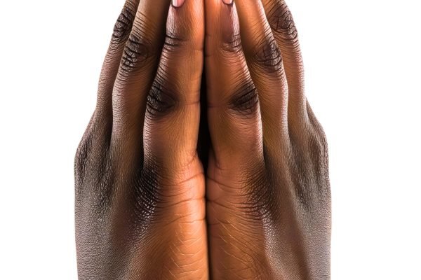 Reverent black african american hands, devout clasped praying isolated, spiritual faith worship christian gesture, peaceful pray prayer, devotional religious holy